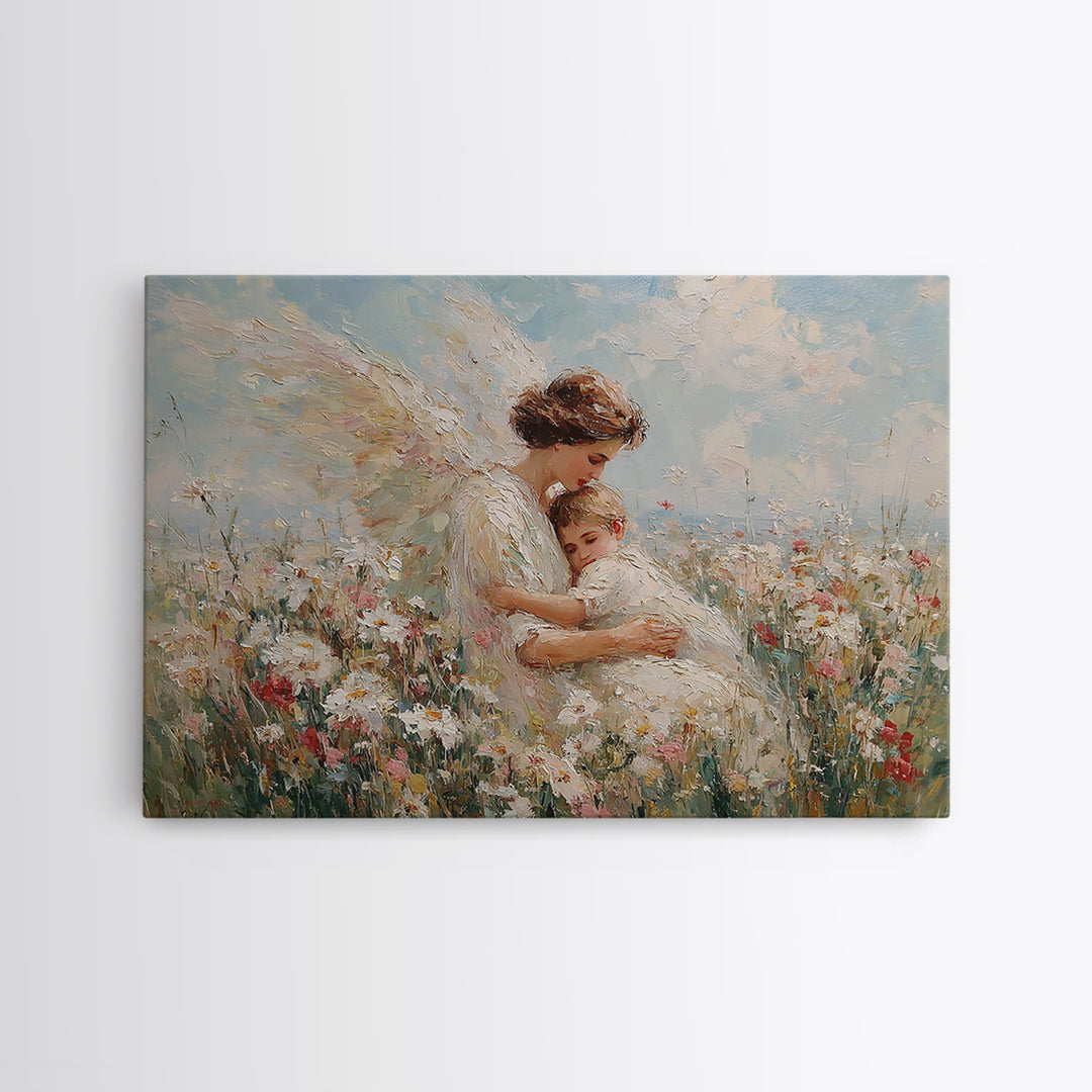 Sunlit Guardian Angel Embracing Child In Wildflower Meadow Canvas Print, Christian Wall Art, Motherhood Gift, Nursery Decor