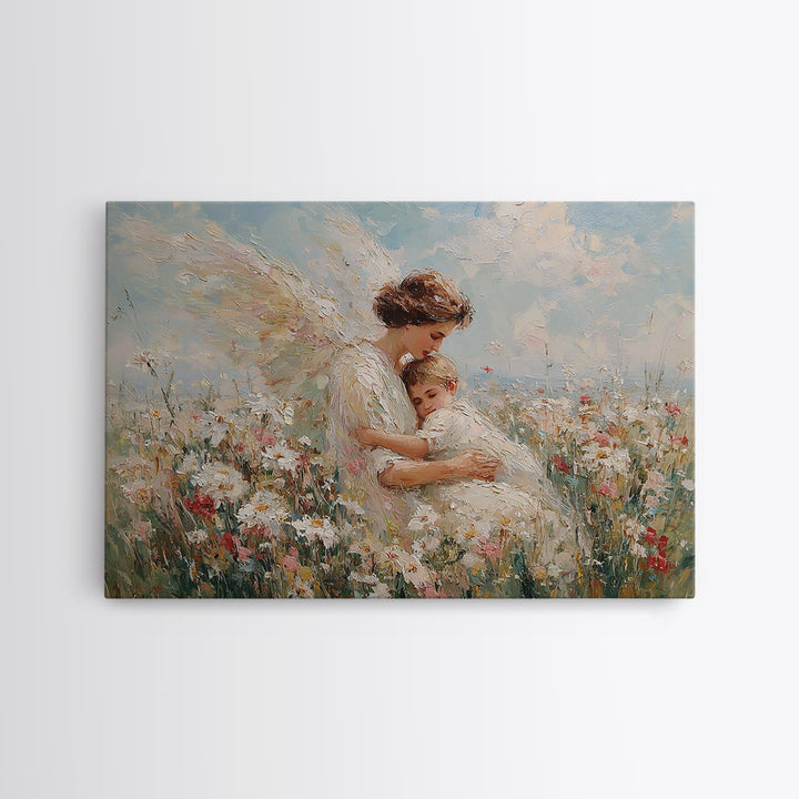 Sunlit Guardian Angel Embracing Child In Wildflower Meadow Canvas Print, Christian Wall Art, Motherhood Gift, Nursery Decor