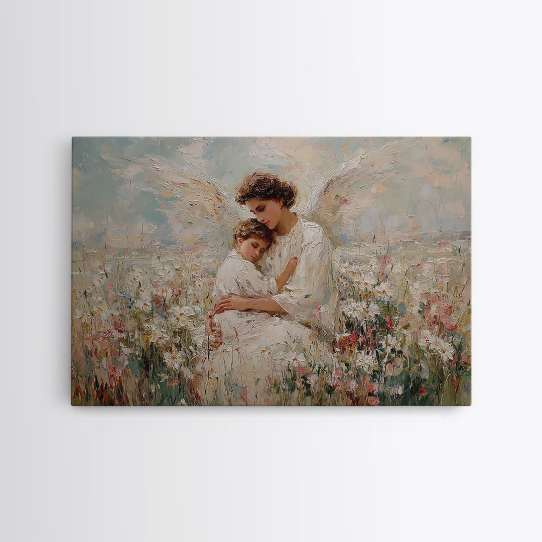 Pastel Guardian Angel Holding Child In Blooming Meadow Wall Art, Christian Nursery Decor, Motherhood Gift, Framed Art Print