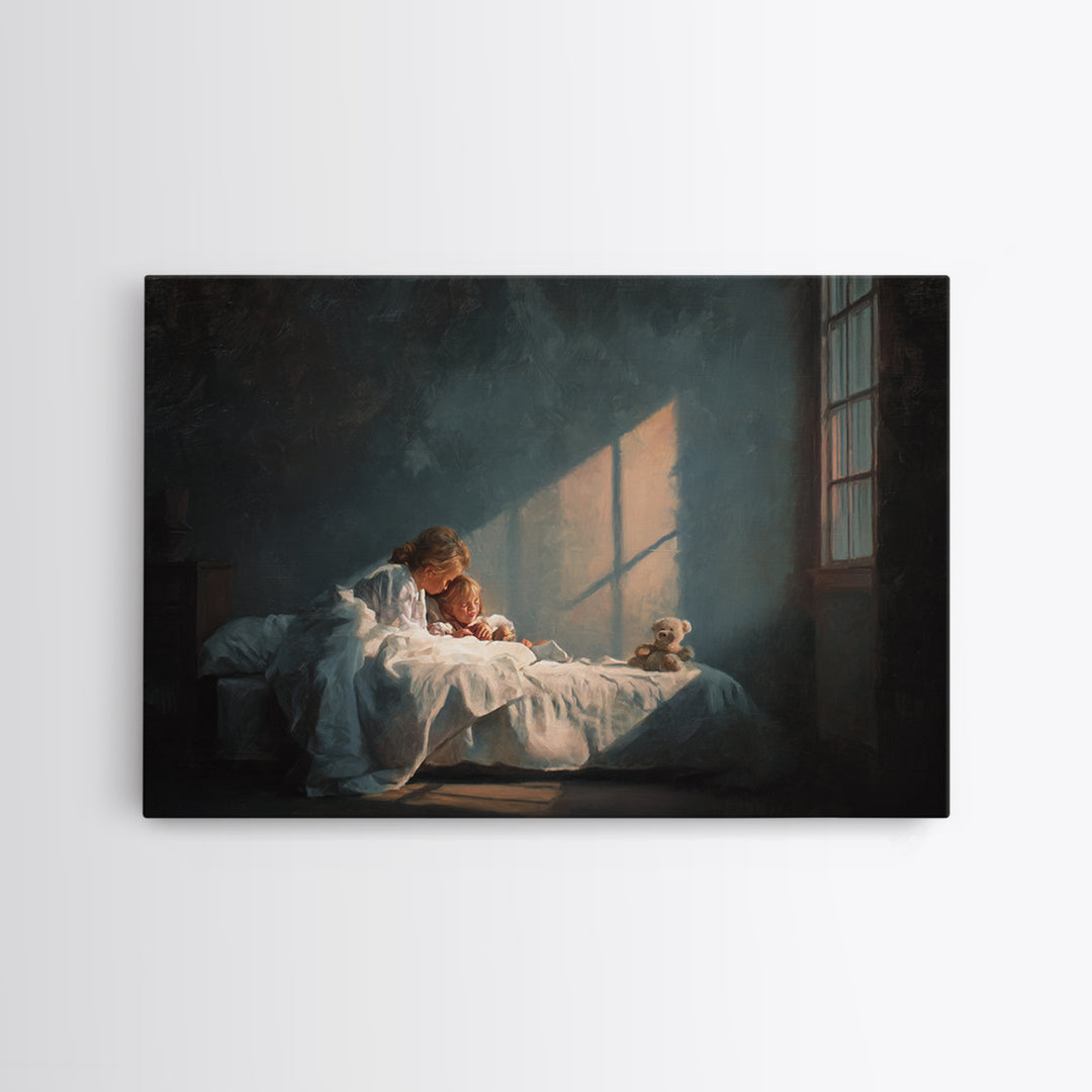 Bedtime Mother And Child In Moonlit Bedroom Framed Canvas Print, Nursery Wall Art, Cozy Home Decor, Mothers Day Gift, Bedroom Decor