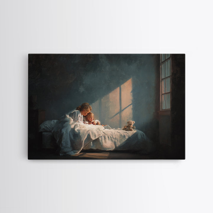 Bedtime Mother And Child In Moonlit Bedroom Framed Canvas Print, Nursery Wall Art, Cozy Home Decor, Mothers Day Gift, Bedroom Decor