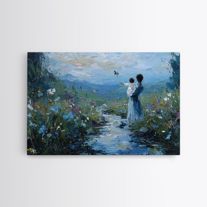 Mother And Child Watching Butterflies By Mountain Stream Canvas Print, Nature Wall Art, Christian Nursery Decor, Housewarming Gift