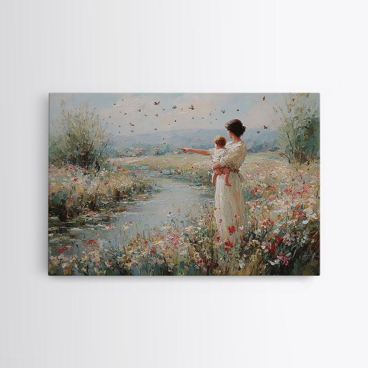 Mother And Baby Beside River Pointing At Butterflies Wall Art, Landscape Painting, Christian Nursery Decor, Gift For Mom