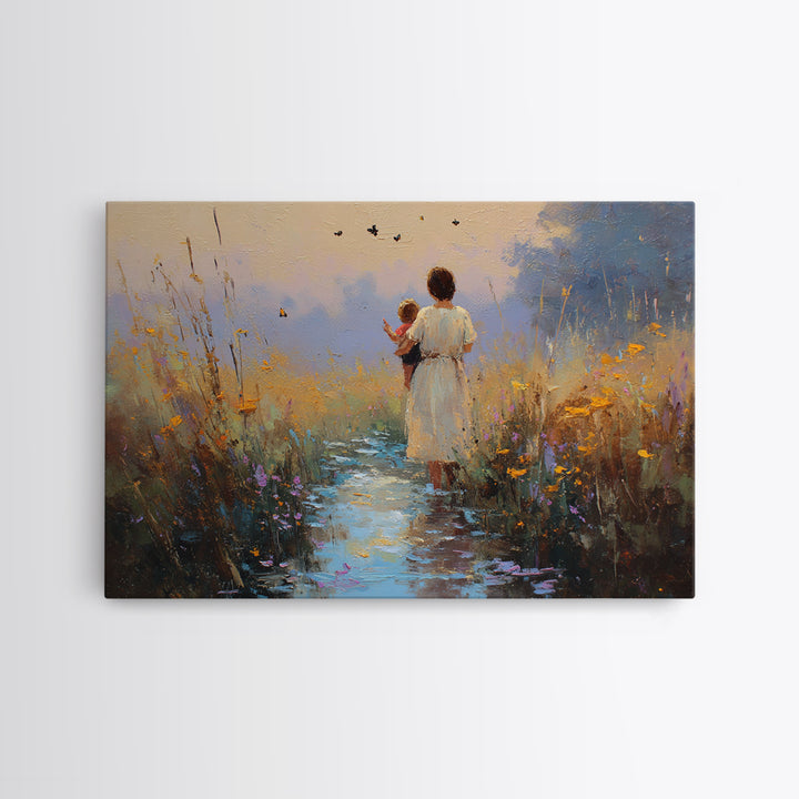 Mother And Child On Twilight Marsh Path Framed Canvas Print, Sunset Landscape Wall Art, Nursery Decor, Mothers Day Gift, Home Decor