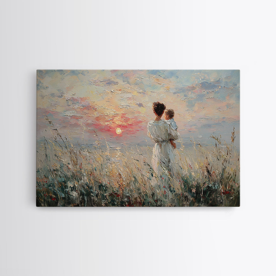 Mother And Baby Watching Ocean Sunset Canvas Print, Coastal Wall Art, Seascape Painting, Nursery Decor, Gift For Her, Bedroom Decor