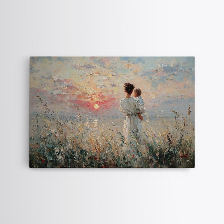 Mother And Baby Watching Ocean Sunset Canvas Print, Coastal Wall Art, Seascape Painting, Nursery Decor, Gift For Her, Bedroom Decor
