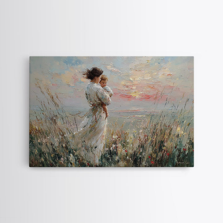 Mother And Child By Wildflower Coast Canvas Print, Impressionist Beach Wall Art, Mothers Day Gift, Nursery Decor, Living Room Decor
