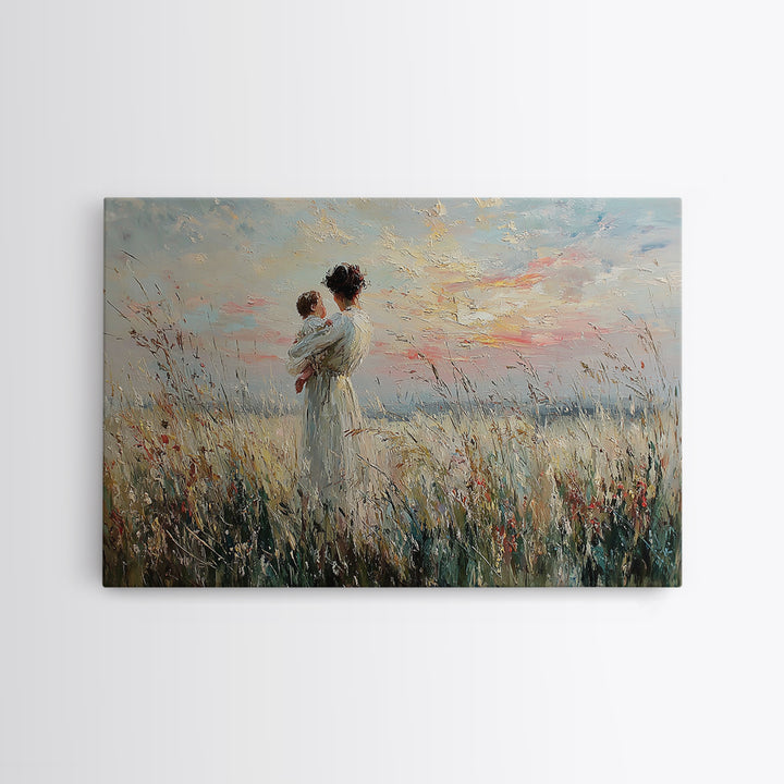 Mother Holding Baby In Wild Grass Framed Canvas Print, Coastal Wall Art, Impressionist Nursery Decor, Gift For Her, Home Decor