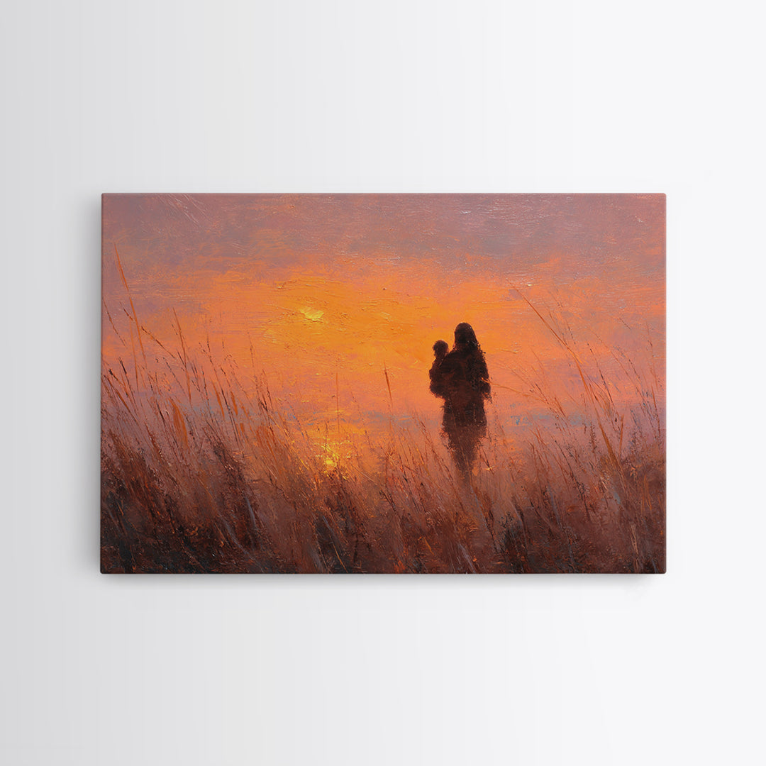Mother And Baby Silhouette At Orange Sunset Wall Art, Warm Landscape Painting, Mothers Day Gift, Bedroom Decor, Boho Wall Decor