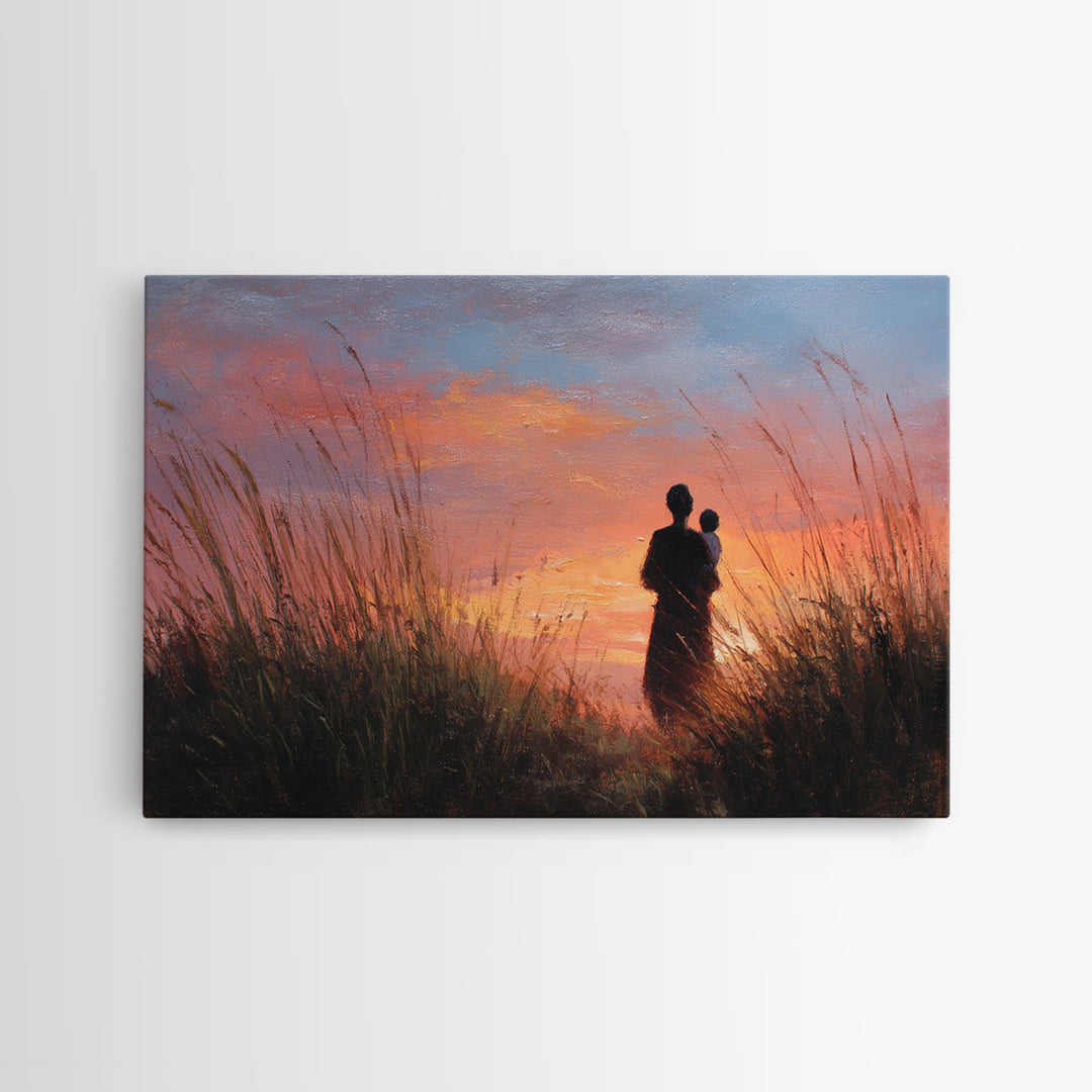 Mother And Baby Sunset Silhouette Framed Canvas Print, Moody Landscape Wall Art, Above Bed Decor, Gift For Her, Living Room Art
