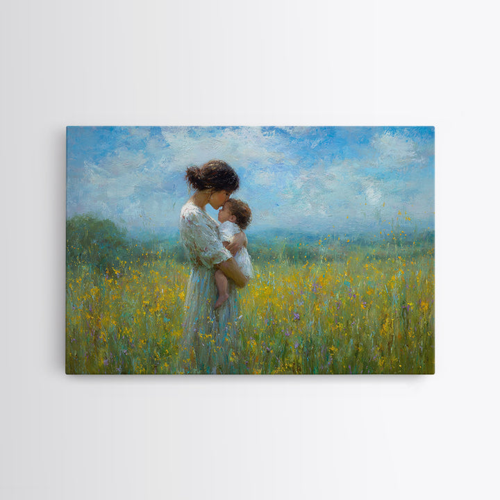 Tender Mother And Baby In Blue Meadow Wall Art, Impressionist Oil Painting, Nursery Decor, Mothers Day Gift, Fine Art Print
