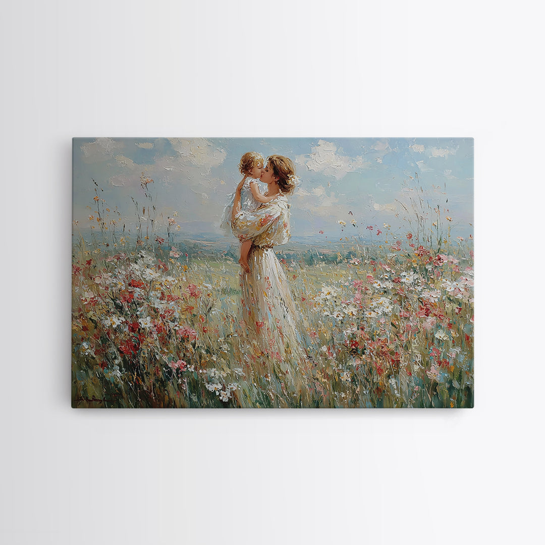 Mother Lifting Baby Among Summer Wildflowers Canvas Print, Floral Wall Art, Nursery Decor, Mothers Day Gift, Home Decor Art Print