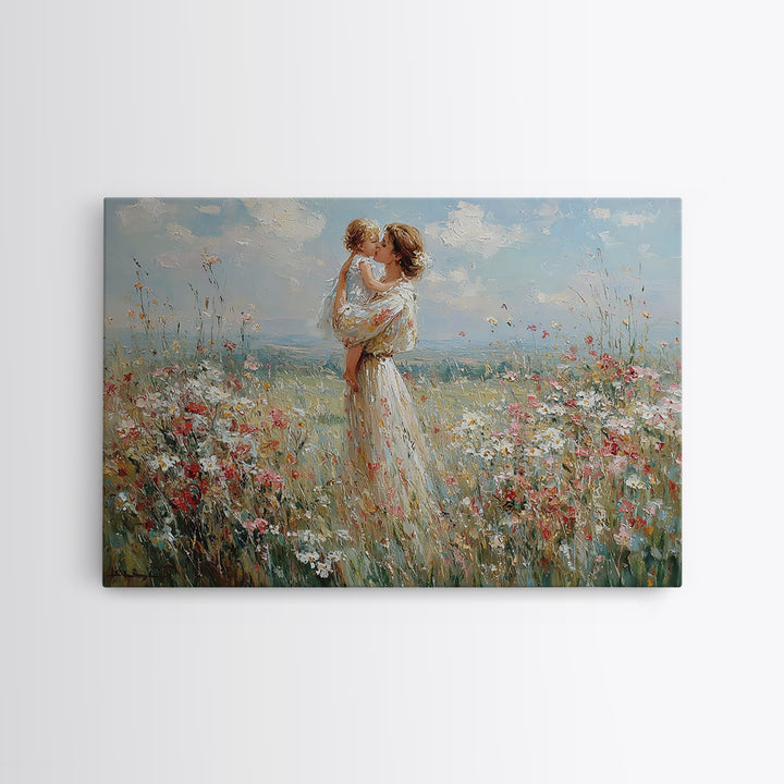Mother Lifting Baby Among Summer Wildflowers Canvas Print, Floral Wall Art, Nursery Decor, Mothers Day Gift, Home Decor Art Print