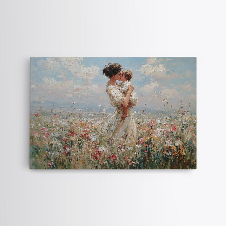 Mother Holding Toddler In Pastel Wildflower Field Framed Canvas Print, Floral Wall Art, Nursery Decor, Mothers Day Gift, Gift For Her