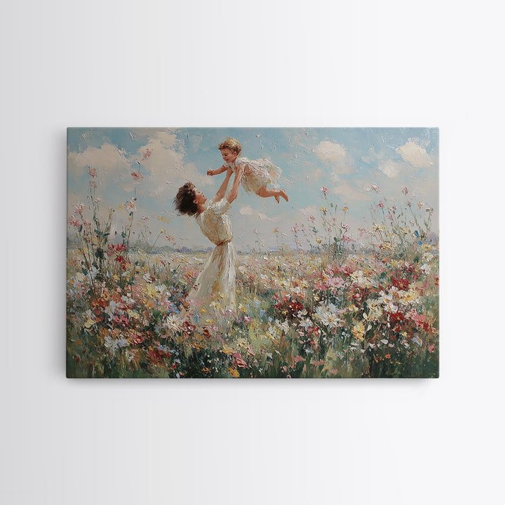 Mother Lifting Child In Wildflower Meadow Wall Art, Impressionist Floral Landscape, Nursery Decor, Gift For Mom, Canvas Print