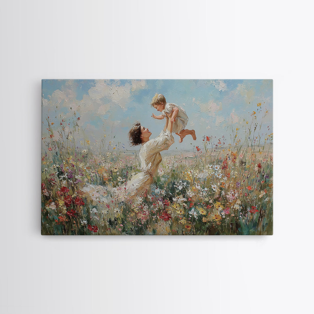 Mother Raising Baby Above White Wildflowers Framed Canvas Print, Impressionist Meadow Wall Art, Nursery Decor, Gift For Mom