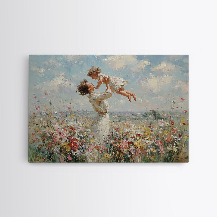 Mother Holding Child Over Blooming Meadow Wall Art, Impressionist Floral Landscape Canvas Print, Nursery Decor, Gift For Mom