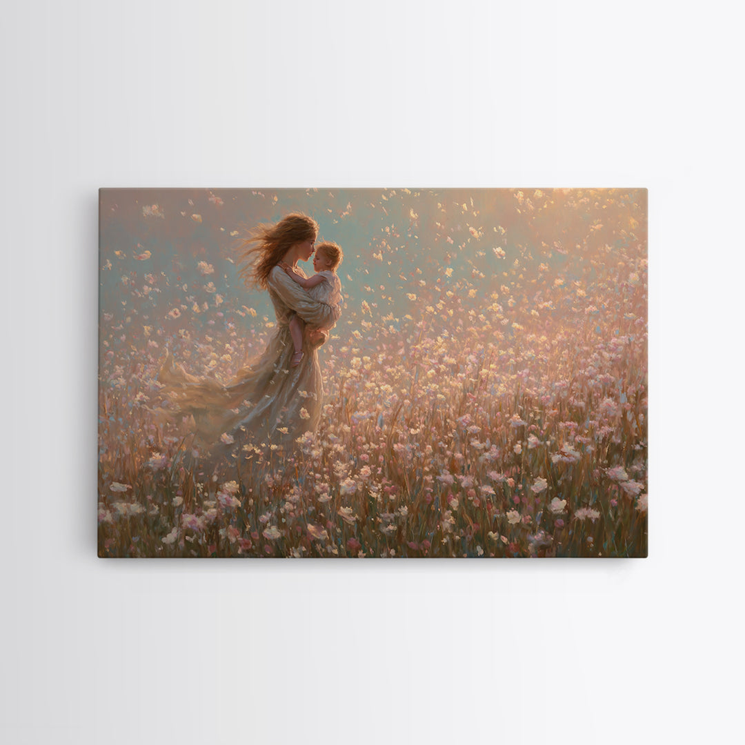 Mother Holding Baby In Pink Wildflower Field Wall Art, Romantic Impressionist Canvas Print, Nursery Decor, Gift For Mom, Feminine Art