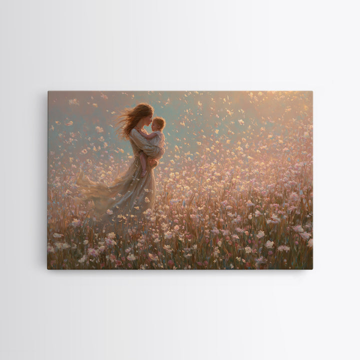 Mother Holding Baby In Pink Wildflower Field Wall Art, Romantic Impressionist Canvas Print, Nursery Decor, Gift For Mom, Feminine Art