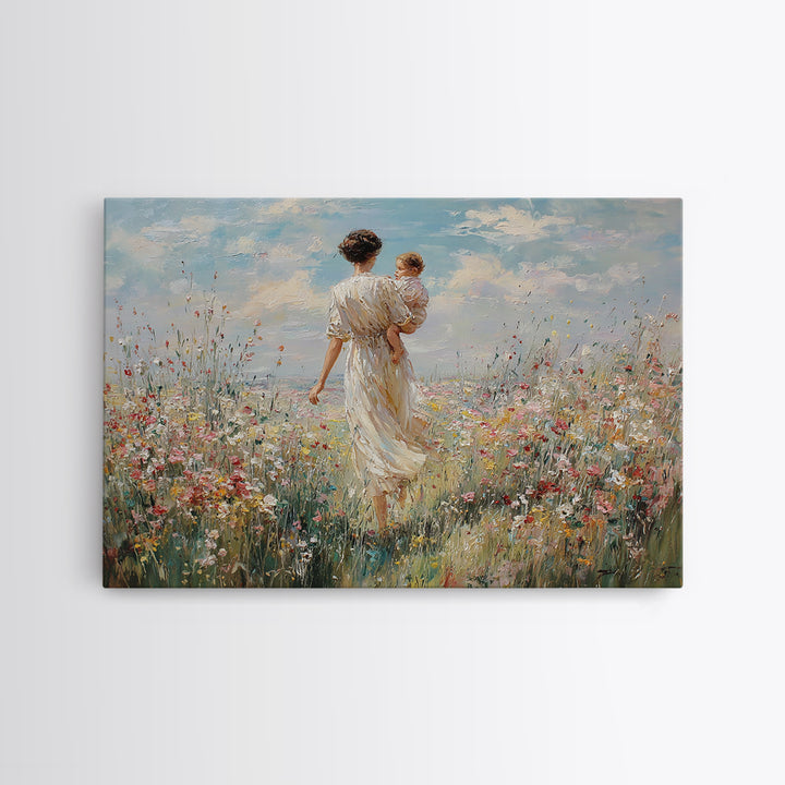 Mother Walking With Baby Through Wildflower Meadow Framed Canvas Print, Impressionist Landscape Wall Art, Nursery Decor, Gift For Mom