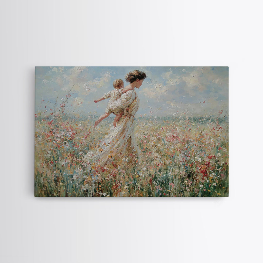 Mother Carrying Child Across Breezy Wildflower Field Wall Art, Impressionist Floral Landscape Canvas Print, Gift For Mom