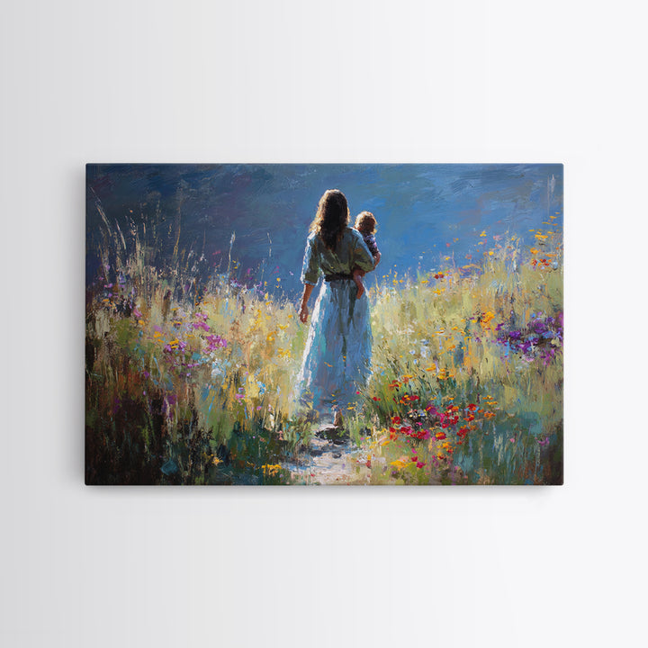 Mother And Child On Wildflower Path Wall Art, Impressionist Oil Painting Print, Feminine Nursery Decor, Gift For Mom, Living Room Decor