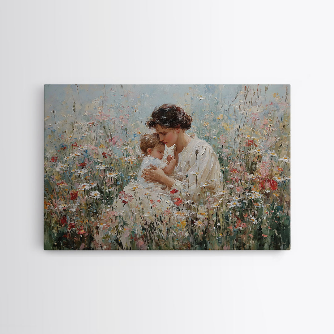Seated Mother Cuddling Baby In Flower Field Wall Art, Impressionist Oil Painting Print, Feminine Nursery Decor, Gift For Mom