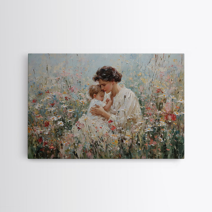 Seated Mother Cuddling Baby In Flower Field Wall Art, Impressionist Oil Painting Print, Feminine Nursery Decor, Gift For Mom