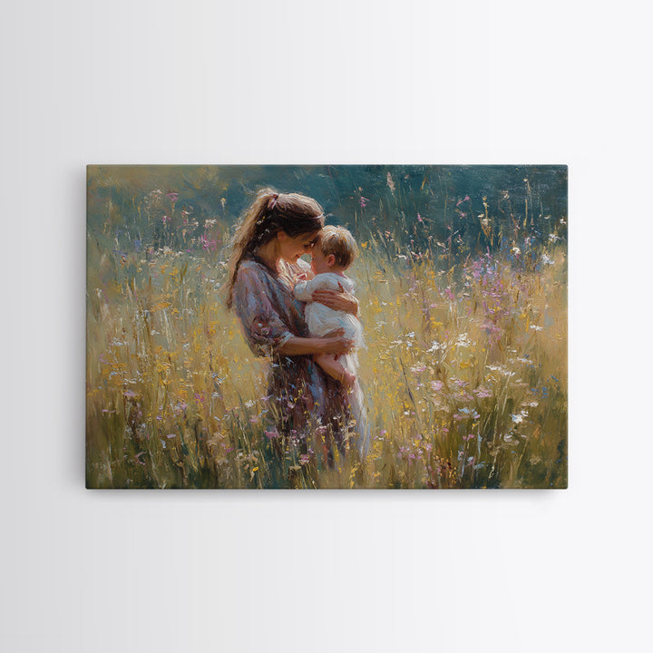 Sunlit Mother Holding Baby In Golden Meadow Framed Canvas Print, Impressionist Floral Painting, Nursery Wall Art, Gift For Her