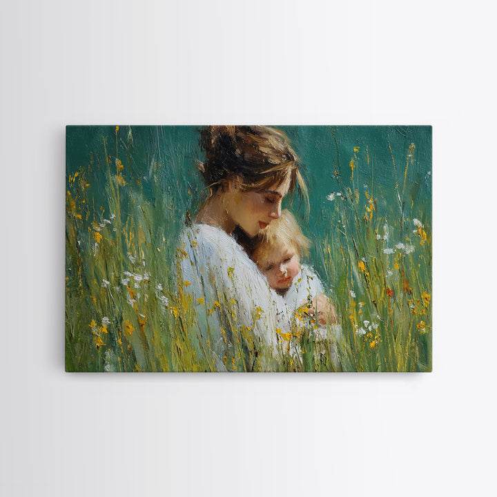 Tender Mother And Child Portrait In Green Meadow Wall Art, Impressionist Oil Painting, Feminine Nursery Decor, Gift For Mom