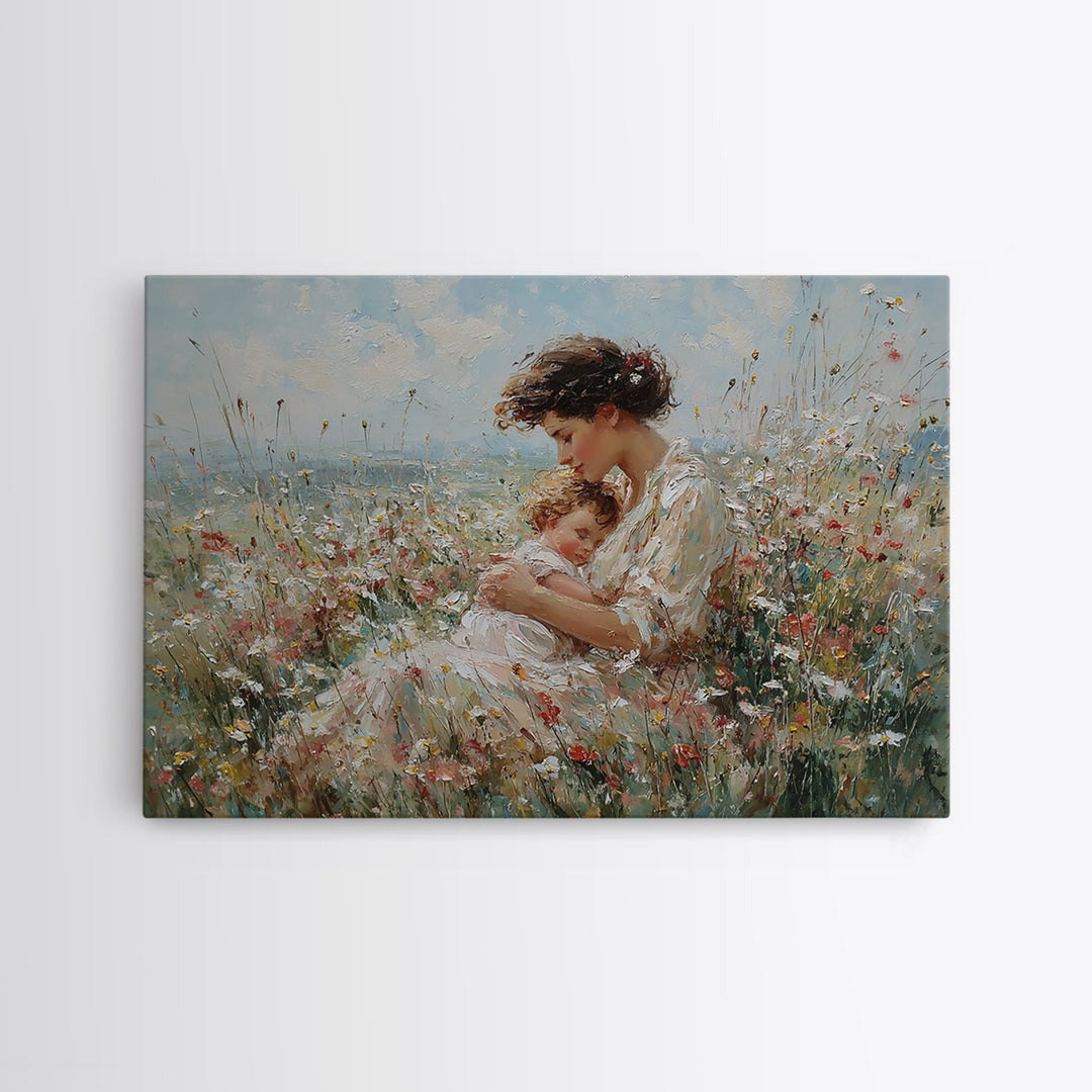 Mother Cradling Sleeping Child In Wildflowers Wall Art, Impressionist Floral Oil Painting, Nursery Decor, Gift For Her, Bedroom Decor