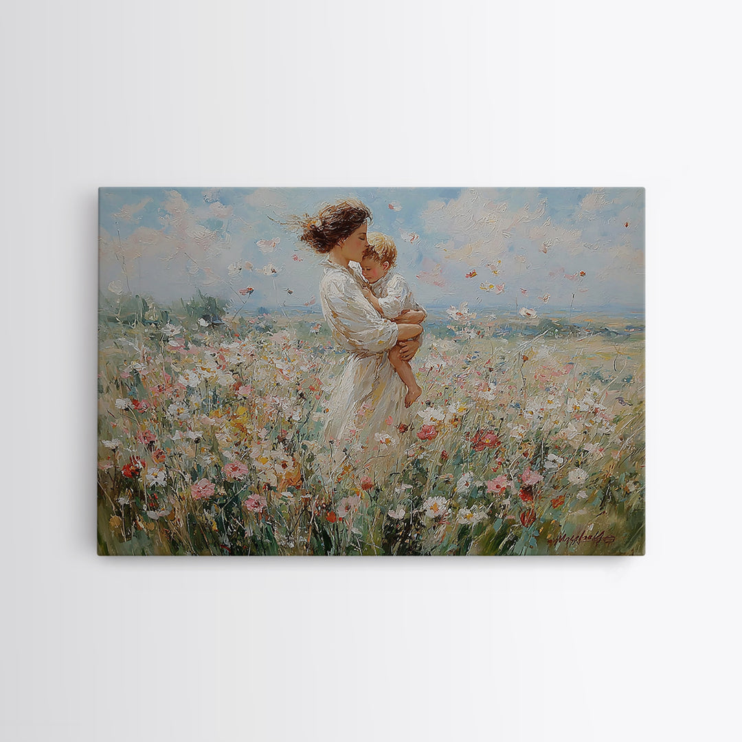 Standing Mother With Toddler In Flower Meadow Framed Canvas Print, Impressionist Landscape Painting, Nursery Wall Art, Gift For Mom