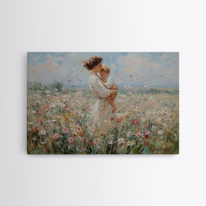 Standing Mother With Toddler In Flower Meadow Framed Canvas Print, Impressionist Landscape Painting, Nursery Wall Art, Gift For Mom