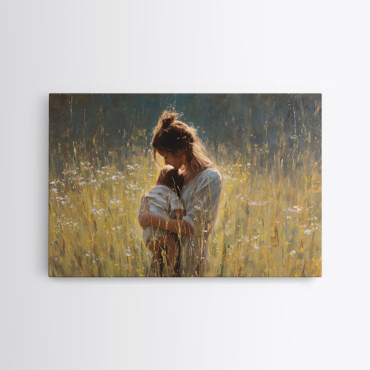Backlit Mother Nursing Baby In Golden Grass Wall Art, Moody Impressionist Oil Painting Print, Feminine Bedroom Decor, Gift For Mom