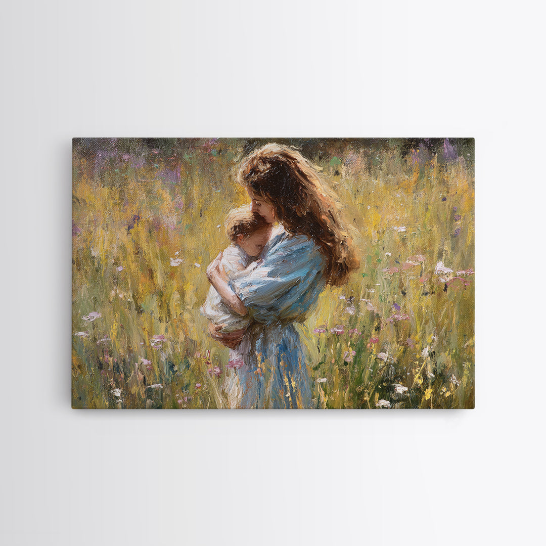 Long Haired Mother Cradling Baby In Wildflower Field Canvas Print, Impressionist Oil Painting, Feminine Wall Decor, Gift For Her