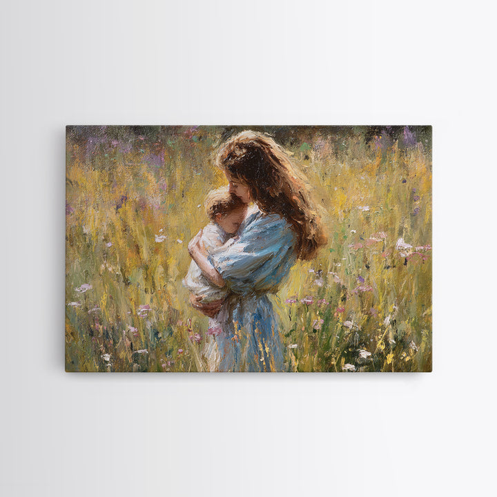 Long Haired Mother Cradling Baby In Wildflower Field Canvas Print, Impressionist Oil Painting, Feminine Wall Decor, Gift For Her