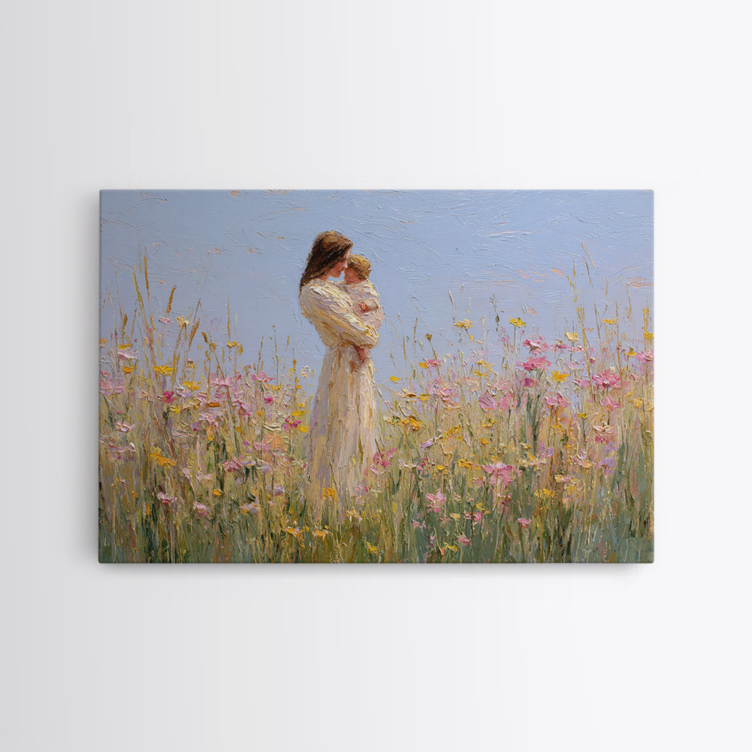 Mother Holding Baby By Wildflowers Framed Canvas Print, Soft Impressionist Painting, Nursery Wall Art, Floral Home Decor