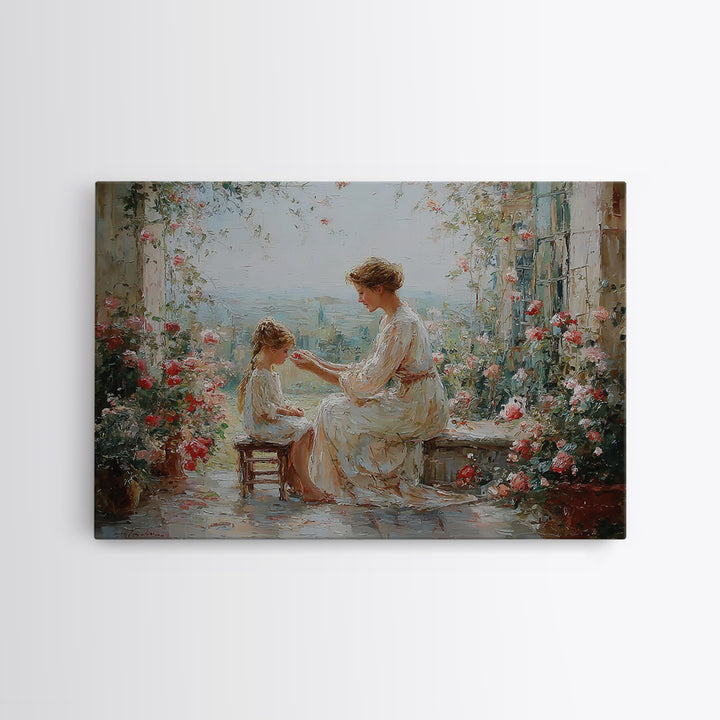 Mother And Daughter Garden Terrace Wall Art, Floral Impressionist Canvas, Nursery Decor, Gift For Mom, Bedroom Wall Decor