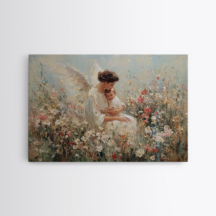 Guardian Angel Holding Baby Framed Canvas Print, Floral Meadow Wall Art, Christian Nursery Decor, Baptism Gift For Mom, Newborn Gift