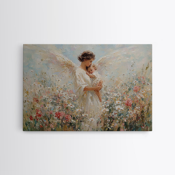 Angel Mother And Baby Wildflower Canvas Print, Christian Wall Art, Floral Nursery Decor, Baptism Gift, Peaceful Home Decor