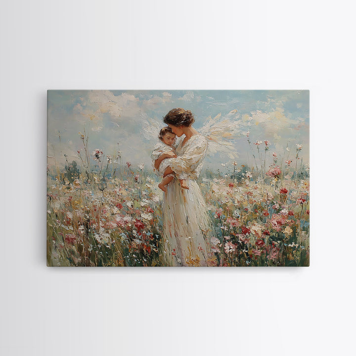 White Angel Holding Child Wall Art, Floral Meadow Canvas, Christian Nursery Decor, Baptism Gift, Guardian Angel Print For Baby Room