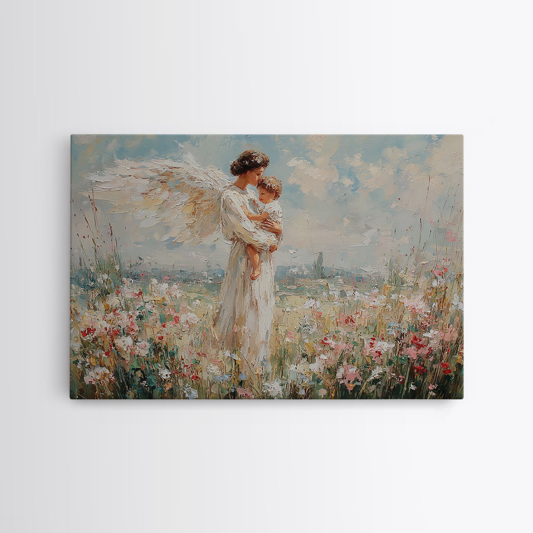 Angel And Child Floral Meadow Framed Canvas Print, Christian Wall Art, Guardian Angel Nursery Decor, Baptism Gift For Mom