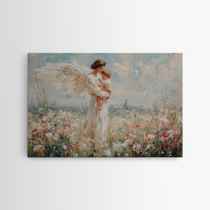 Angel And Child Floral Meadow Framed Canvas Print, Christian Wall Art, Guardian Angel Nursery Decor, Baptism Gift For Mom