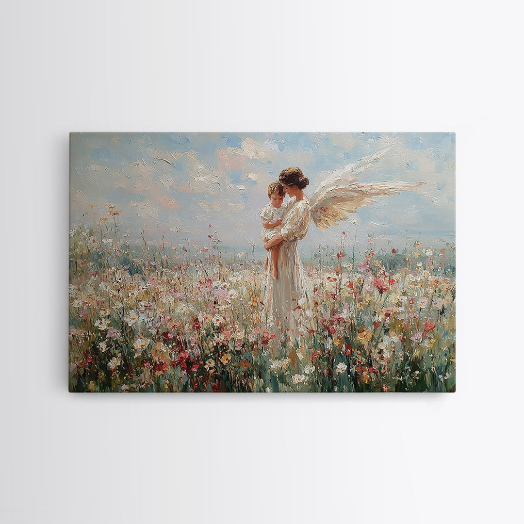 Guardian Angel And Baby Wildflower Wall Art, Christian Canvas Print, Floral Nursery Decor, Baptism Gift, Baby Shower Gift