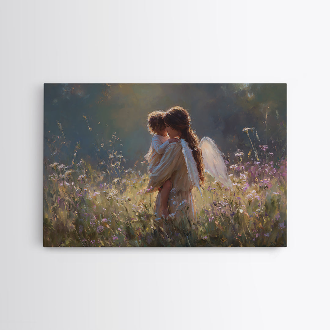 Backlit Angel Mother And Child Wall Art, Moody Wildflower Canvas Print, Christian Nursery Decor, Guardian Angel Gift For Mom