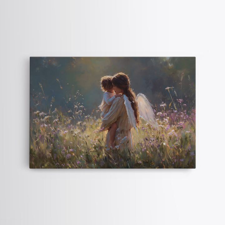 Backlit Angel Mother And Child Wall Art, Moody Wildflower Canvas Print, Christian Nursery Decor, Guardian Angel Gift For Mom