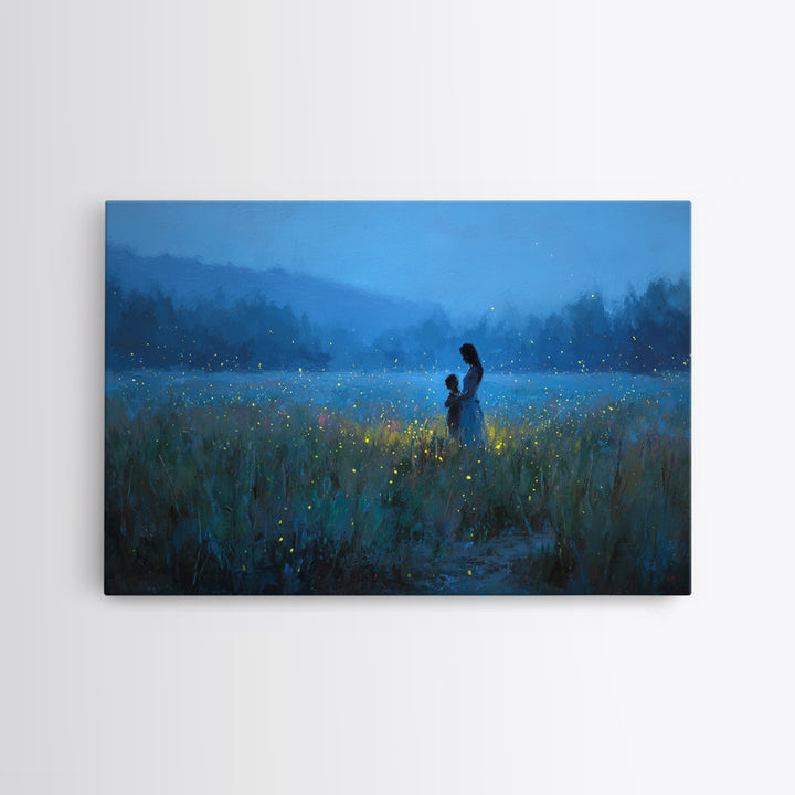 Blue Twilight Mother And Child Firefly Meadow Wall Art, Moody Landscape Canvas Print, Nursery Decor, Gift For Mom, Bedroom Wall Decor