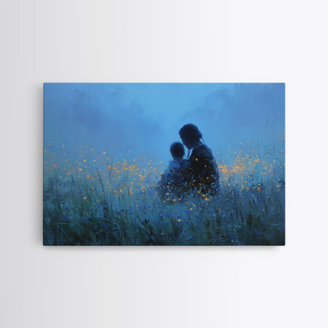 Mother And Baby In Blue Firefly Meadow Wall Art, Moody Nursery Canvas Print, Peaceful Bedroom Decor, Gift For Mom, Newborn Gift