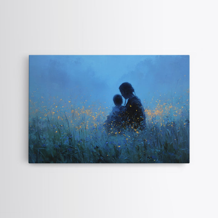 Mother And Baby In Blue Firefly Meadow Wall Art, Moody Nursery Canvas Print, Peaceful Bedroom Decor, Gift For Mom, Newborn Gift