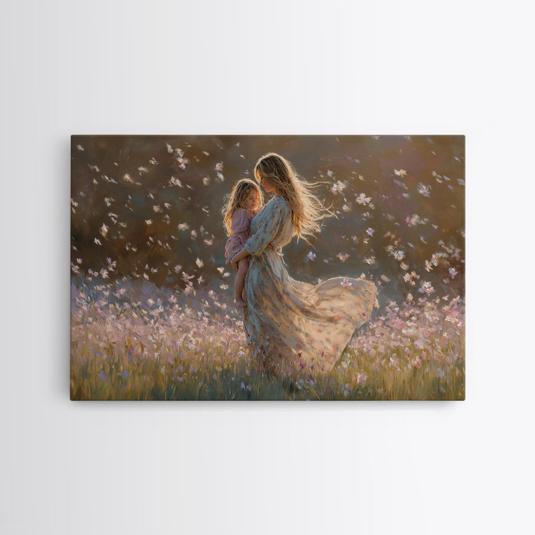 Sunlit Mother And Child Flower Field Canvas Print, Floral Wall Art, Feminine Bedroom Decor, Gift For Mom, Boho Home Decor